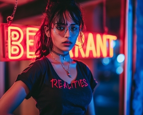 午夜街头黑色T恤美女摄影图片